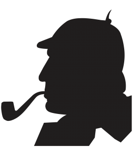 Silhouette of Sherlock Holmes wearing a hat and smoking a pipe